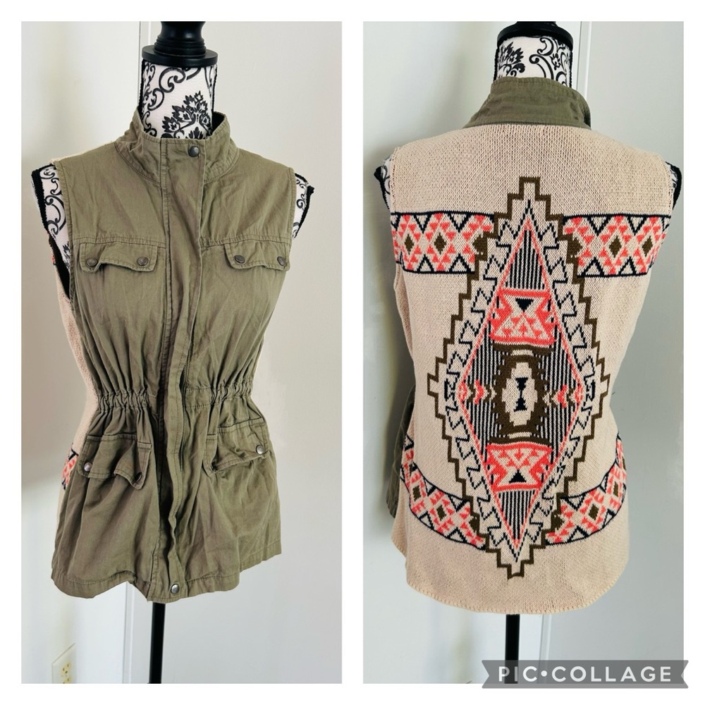 Blu Pepper Women’s Army Green Aztec Knit Back Full Zip Drawstring Pocket Vest S